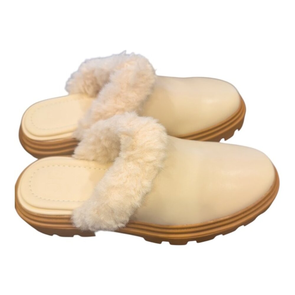 JustFab Minka Faux Fur Lined Clog Mules | Birch | Size 7